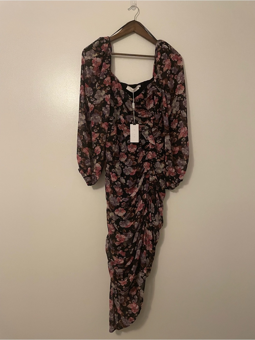 ASTR Midi Floral Rusched Lantern Sleeve Sweetheart Neckline Dress